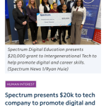 Screenshot of a Spectrum News 1 article titled Spectrum presents $20k to tech company to promote digital and career skills.